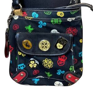 Kathy Van Zeeland Black Canvas Crossbody Purse Lots of Zip Pockets Keychain